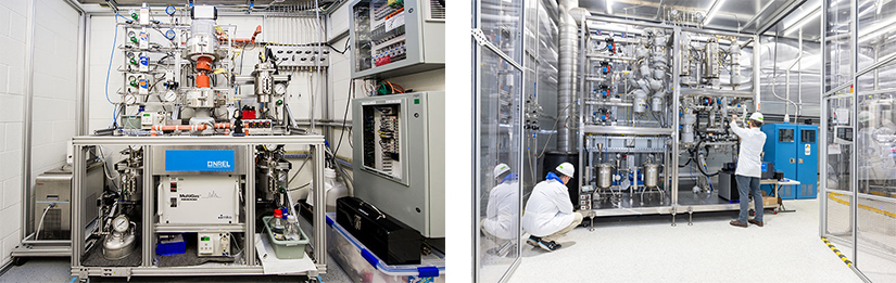 An image of a reactor in a lab and an image of two people wearing PPE working in a lab.