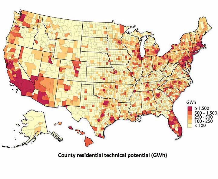 A US map color-coded by county shows total solar technical potential for low-to-moderate income households. Areas with the highest potential include Southern California, southern Florida, the urban Northeast, and the greater Chicago region.